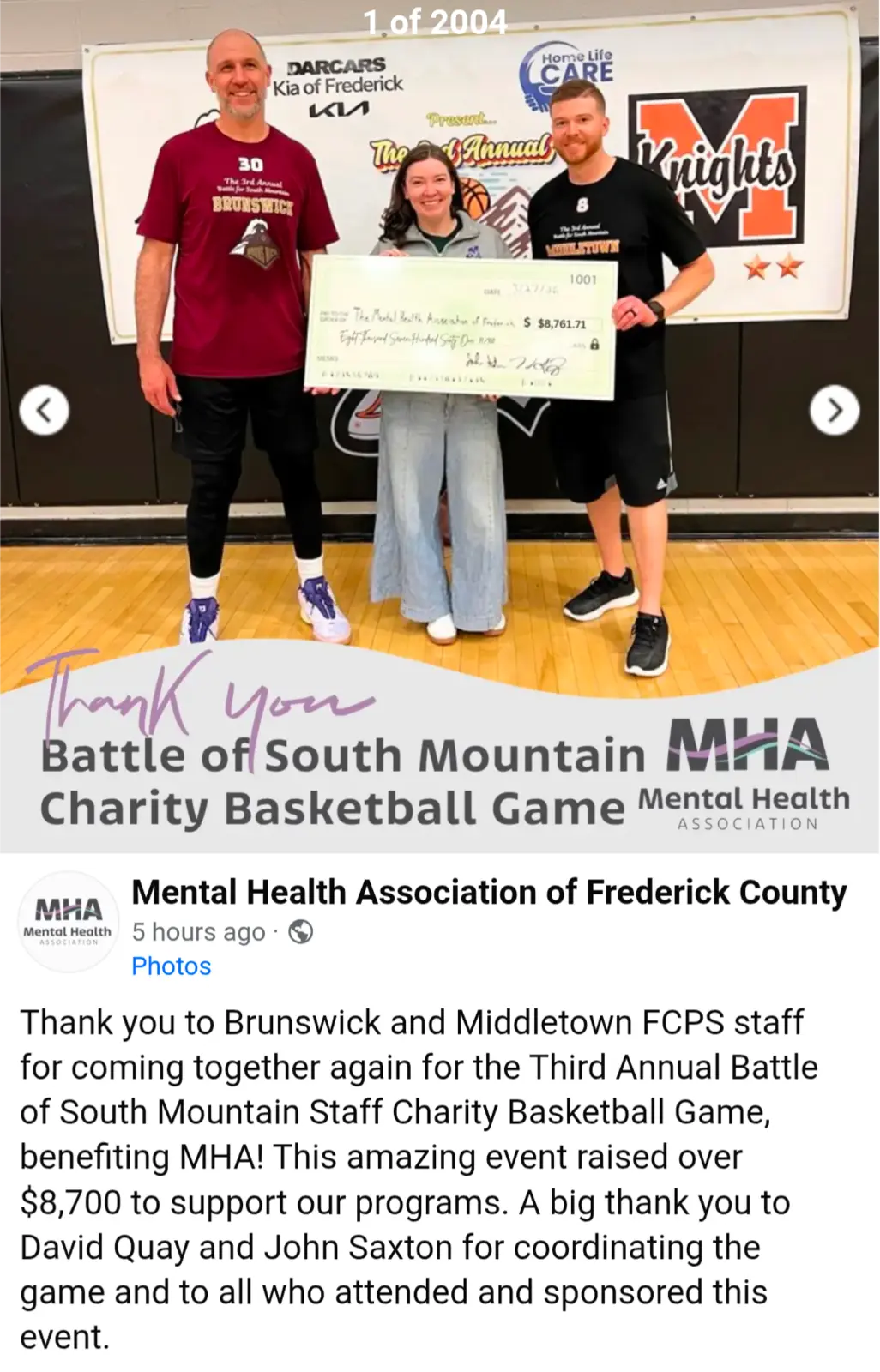 2026 check presentation to the Mental Health Association of Frederick.